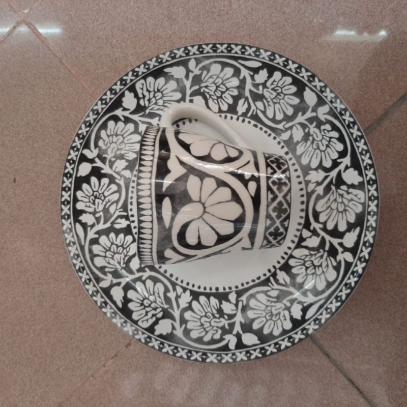 [SET] PIRING N GELAS MUG KERAMIK SANGO MOTIF MAROKO MAROCO WARNA HITAM KOLEKSI DEKOR KLASIK ANTIK