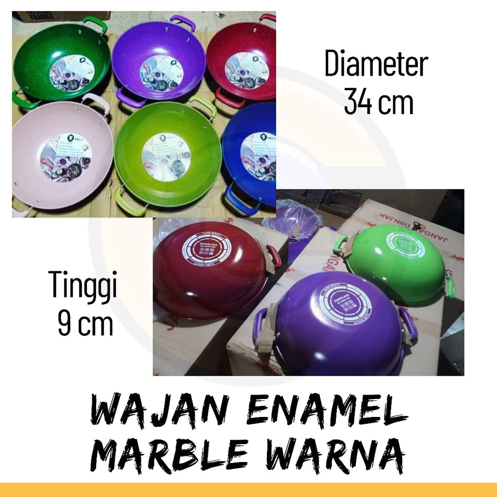 Wajan Kuping Enamel Warna 34cm Penggorengan Teflon Marble Serbaguna Murah Anti Lengket & Gores