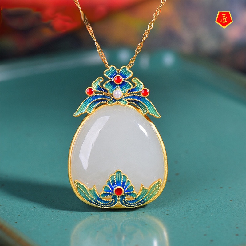 [Ready Stock]White Jade Gold Necklace Women's Retro Artistic Chinese Style