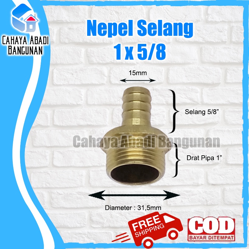 Nepel Selang 1 X 5/8 Inch Drat Luar Kuningan Sambungan Hose