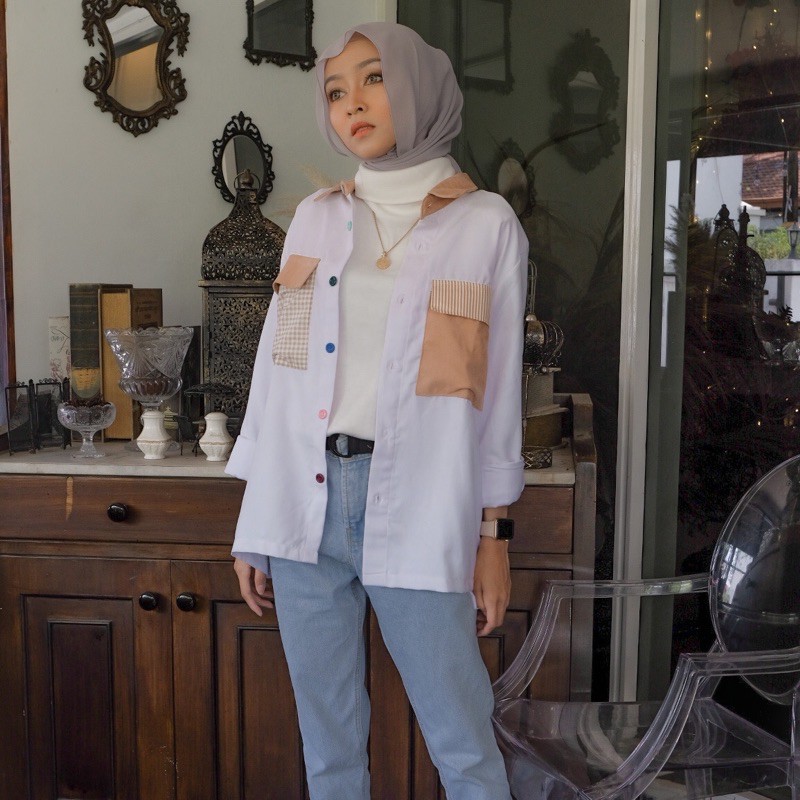 (LAST STOK) ORSA BLOCK COLOR PATTERN SHIRT | KEMEJA WANITA | PATTERN SHIRT-BrownMtf