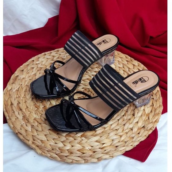 SW99 Sandal Heels Kaca Tali karet / Sandal Hak Kaca Wanita 5cm Karet Belakang AM-20