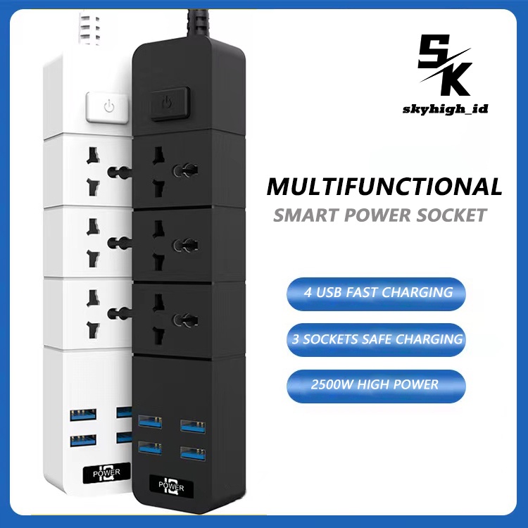 【WT004】Skyhigh T08 Power Strip Colokan Listrik / Stop Kontak 4 USB Port +3 Lubang Socket +1 Tombol Power On Off 3.1A 2500W