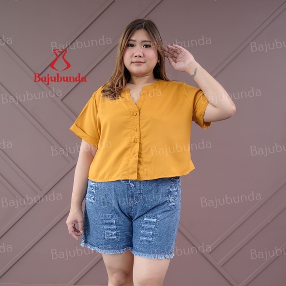 KEMEJA WANITA JUMBO BIG SIZE POLOS LENGAN PENDEK BAJUBUNDA VIA-MUSTARD