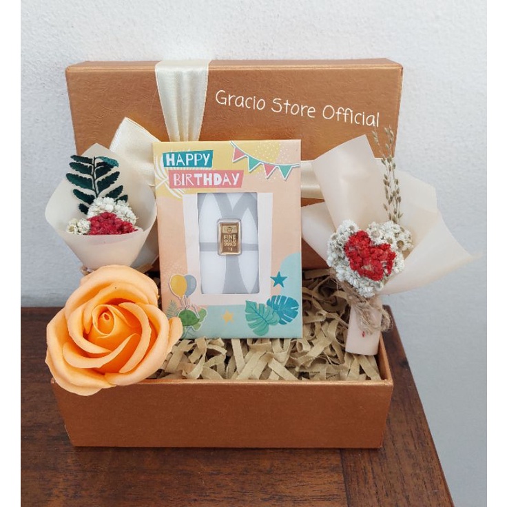 GIFT BOX SPESIAL BIRTHDAY NUANSA CREAM ORANGE HAMPERS LOGAM.MULIA ANTAM 1 GR