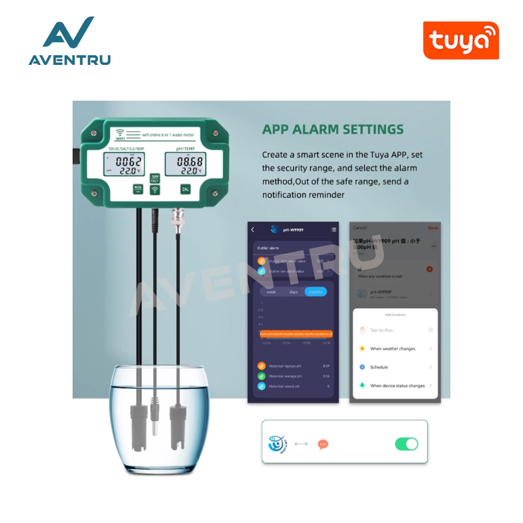 Smart WiFi Tuya 6in1 PH EC TDS Salinity S.G Temperature Meter W3988 Pengukur Kualitas Air