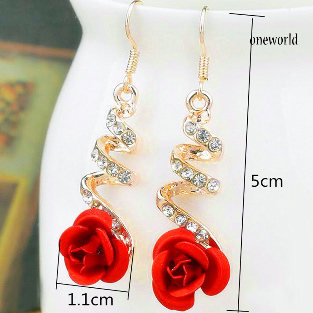 OW@ Women Fashion Red Rose Drop Rhinestone Spiral Dangle Hook Earrings Jewelry Gift