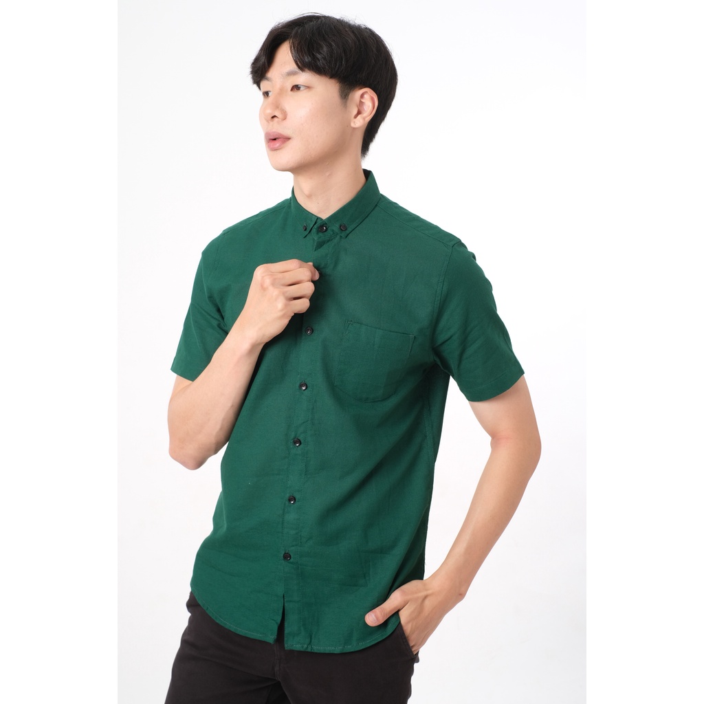 SANVANINA Kemeja Pria Lengan Pendek SlimFit Hijau Tua | Short Basic Rami Dark Green E-1507D