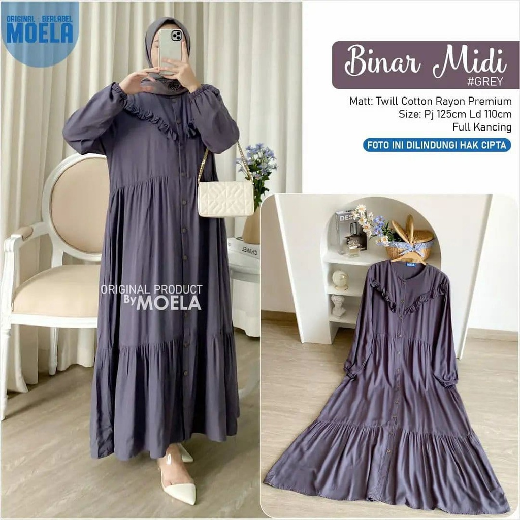 Binar Midi Dress Wanita Twill Cotton Premium Baju Wanita Kekinian Lengan Panjang Maxydress Polos Full Kancing LD 110 cm