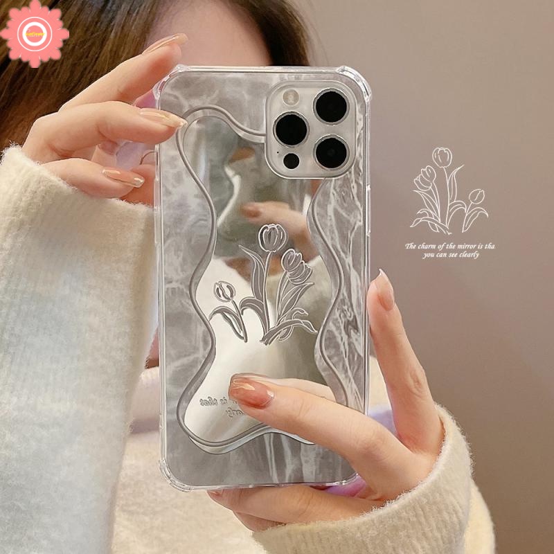 Case Cermin Makeup Desain Bunga Mawar Daun Warna Silver Untuk IPhone 11 7 8 Plus XR 13 12 Pro Max X XS Max SE 2020