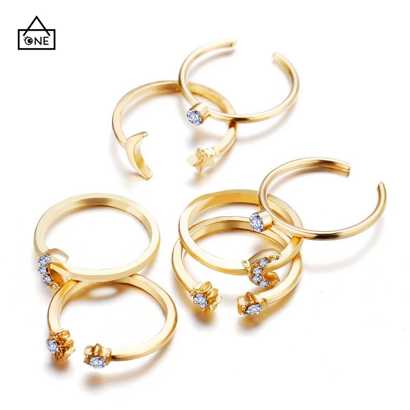 COD❤7 Piece Cincin Set Kupu-kupu Bintang Bulan Korea Retro Bohemian Mewah Pernikahan  Aksesoris A one