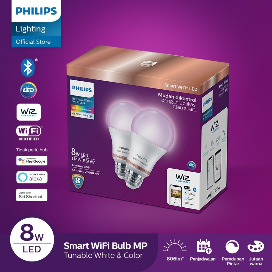 Philips Lampu Smart Wifi LED Multipack 8W - Tunable Color 16 Juta (Warna) Lampur Smart Home WIZ Paket 2 Lampu