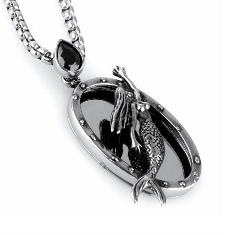 Vintage Fashion Punk Mermaid Black Stone Punk Pendant Necklace for Women Men Jewelry