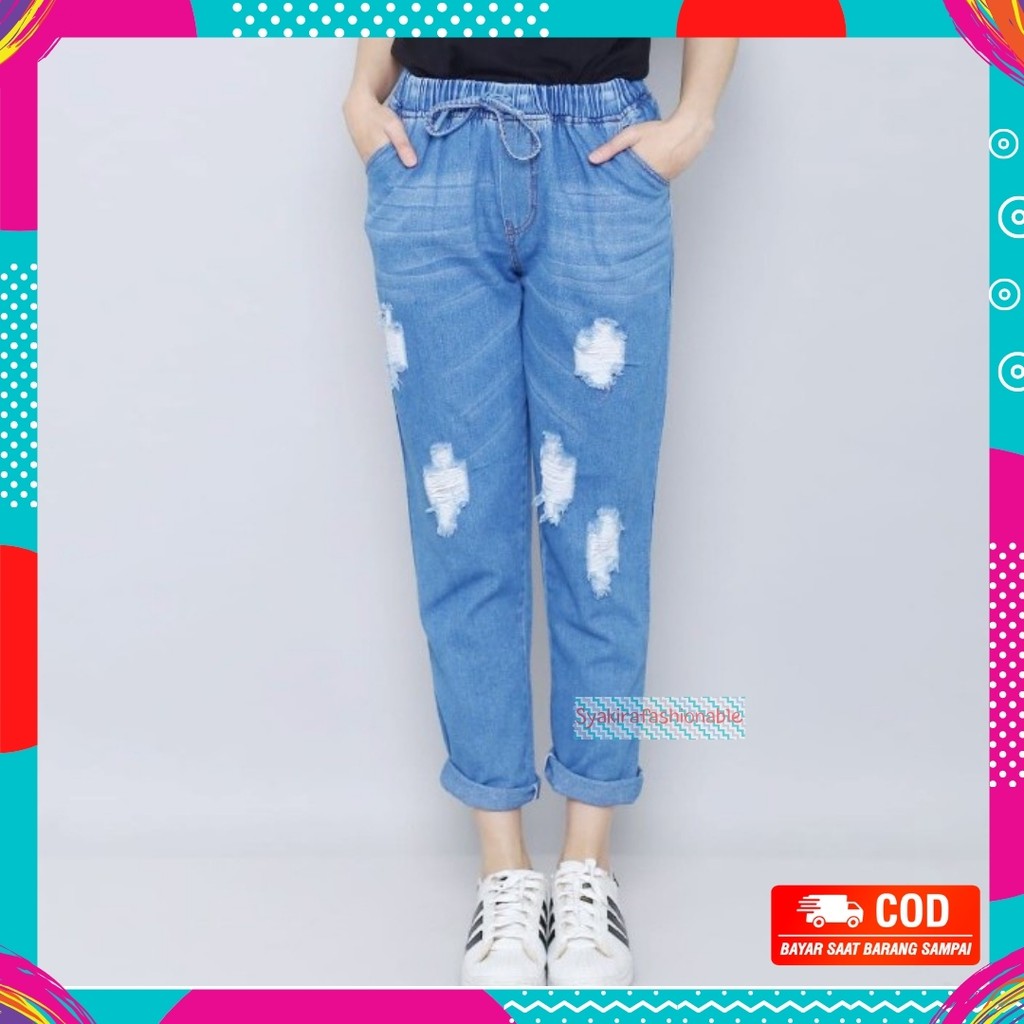 CELANA PANJANG JEANS WANITA JINS SOBEK CEWEK KEKINIAN HITAM TERBARU IMPORT KOREA S73