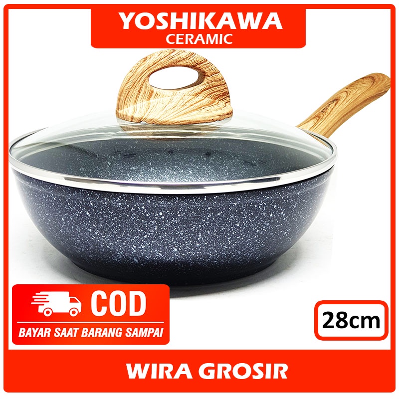 Agen Yoshikawa Frying Deep Wok + Tutup Kaca Keramik 28cm | Pan Anti Lengket | Wajan Marble Tanpa Minyak 7oargjt759Wap