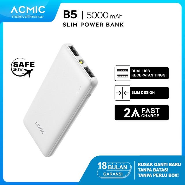 Power Bank Murah Terbaik Bisa COD Fast Charging Mini Terlaris D9L1 ACMIC B5 Powerbank - White [5000 