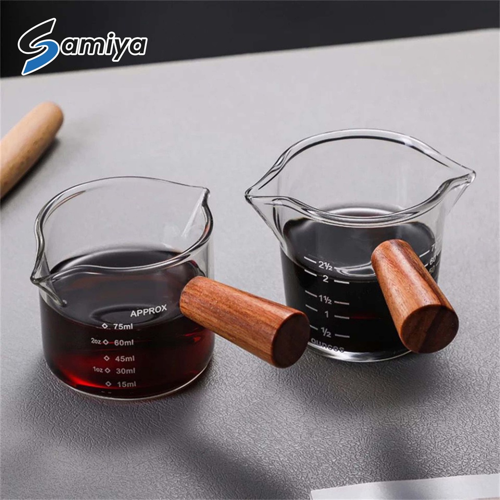 milk jug pot 75ml double mouth wooden handle / gelas takar ukur kopi espresso gula susu gagang kayu 75ml double spout measuring cup