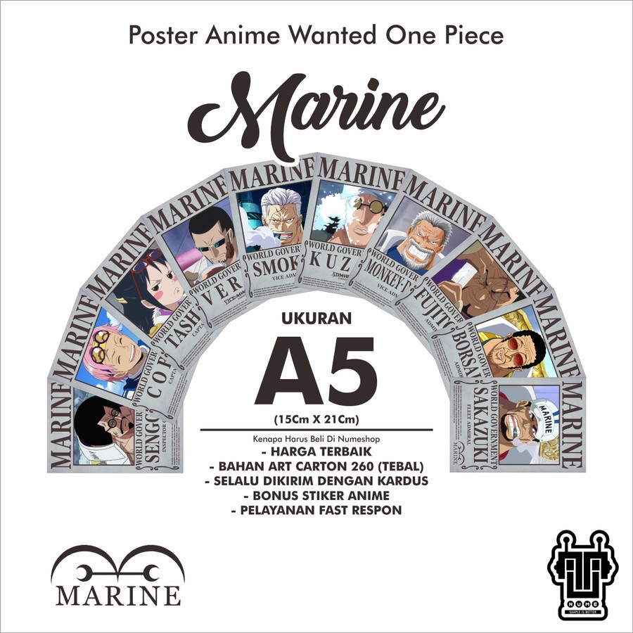Poster Anime Poster Bounty Wanted Poster One Piece Marine - Ukuran A5 - Type B