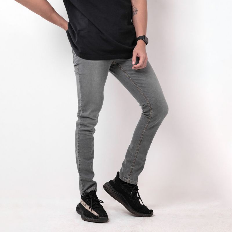 Celana jeans panjang pria pensil grey / dark grey skinny denim strech