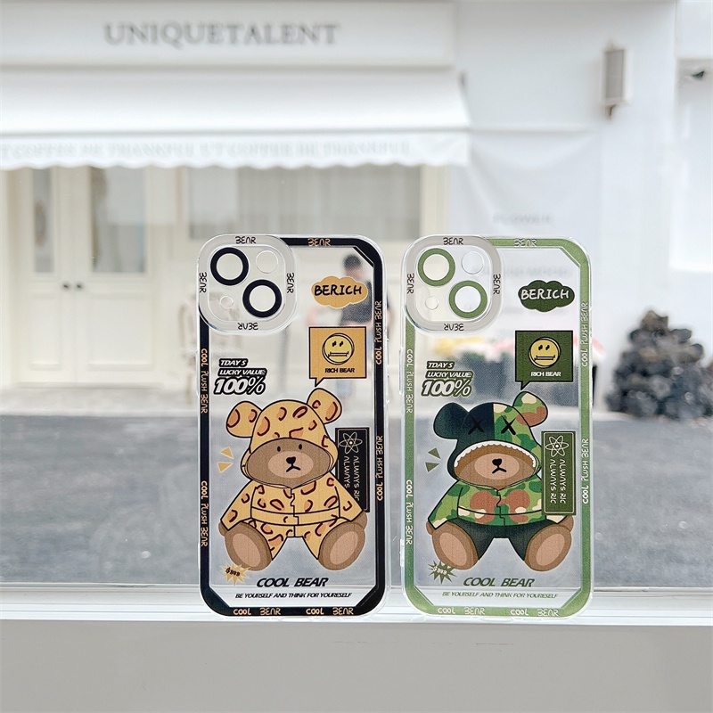 Case Pelindung Lensa Tahan Jatuh Motif Leopard Beruang Hijau Untuk iPhone 11 12 13 Pro MAX X XR XSMAX 7 8 Plus