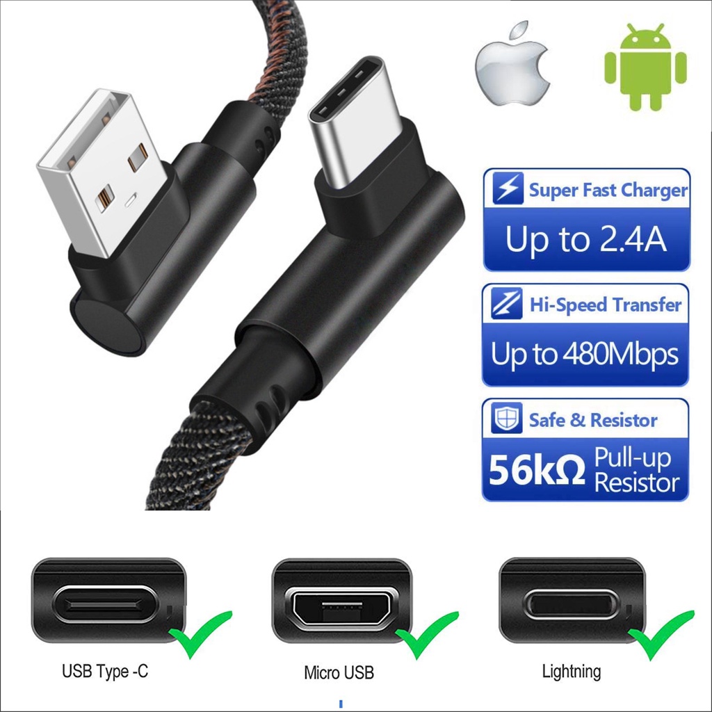 Kabel Charger Gaming model L 2.4A Micro USB / Type C / Lightning Fast Charging 90 derajat