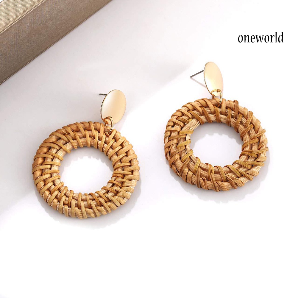 OW@ Bohemian Beach Rattan Woven Hollow Circle Drop Statement Women Stud Earrings