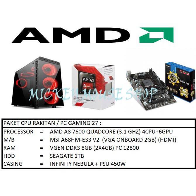 Ready Stok pc gaming full set,, PAKET CPU / PC RAKITAN GAMING 27 / AMD A8-7600 (3.1 GHZ)/RAM 8 GB
