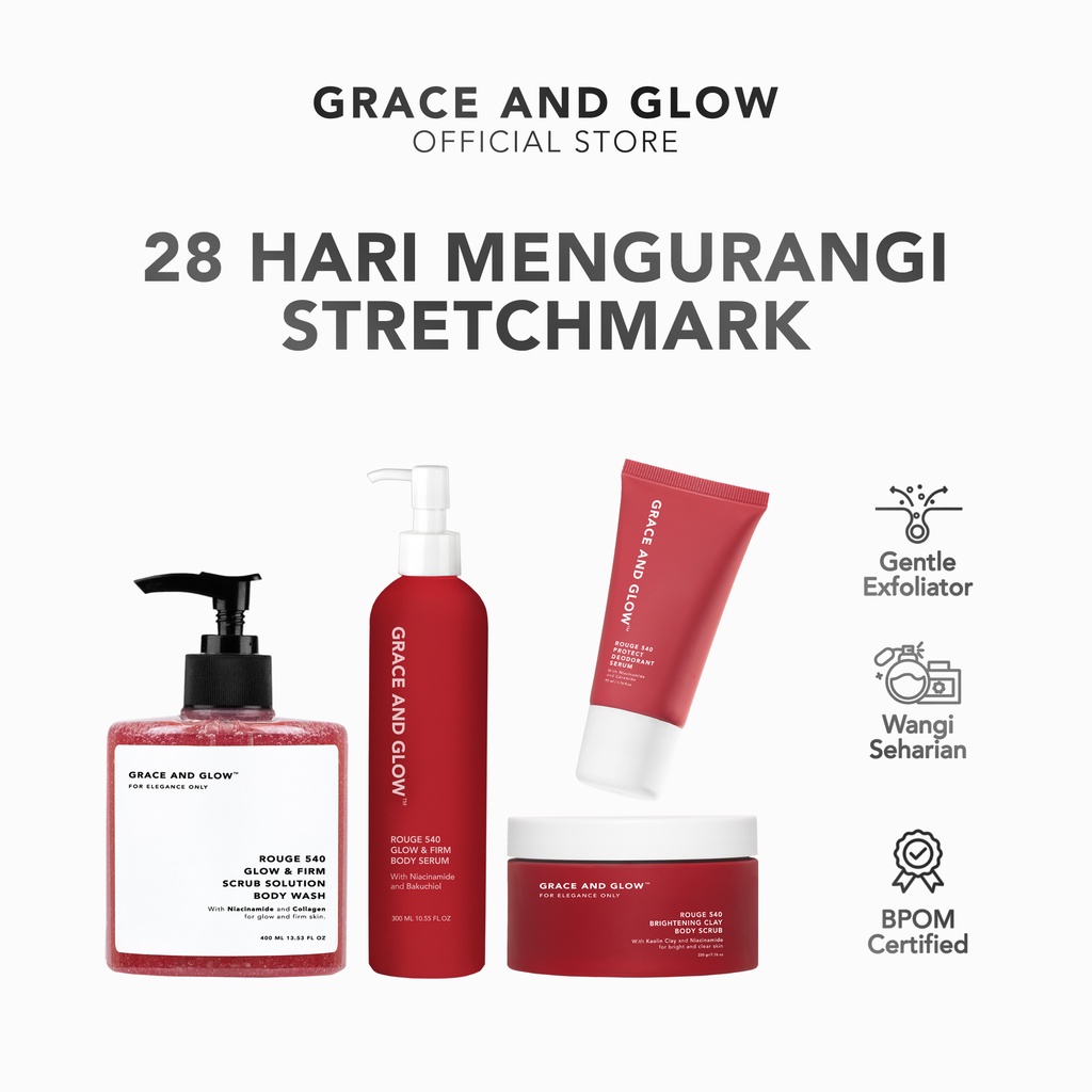 Grace and Glow 4in1 Series - Mengurangi strecthmark (sabun mandi + serum bada + deodorant serum + clay mask body scrub)