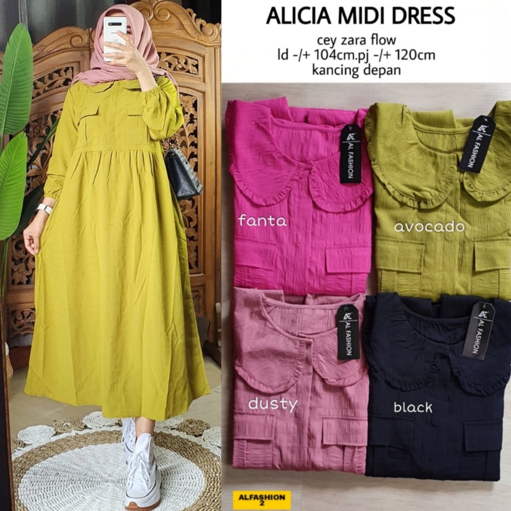 ALICIA ALFASHION MIDI DRESS CEY ZARA FLOW LD 104 PJ 120 CM KANCING DEPAN MODEL TERBARU