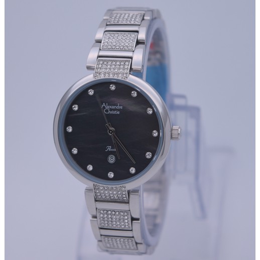 Jam Tangan Wanita Alexandre Christie Ac 2685 Silver Plat Hitam Original