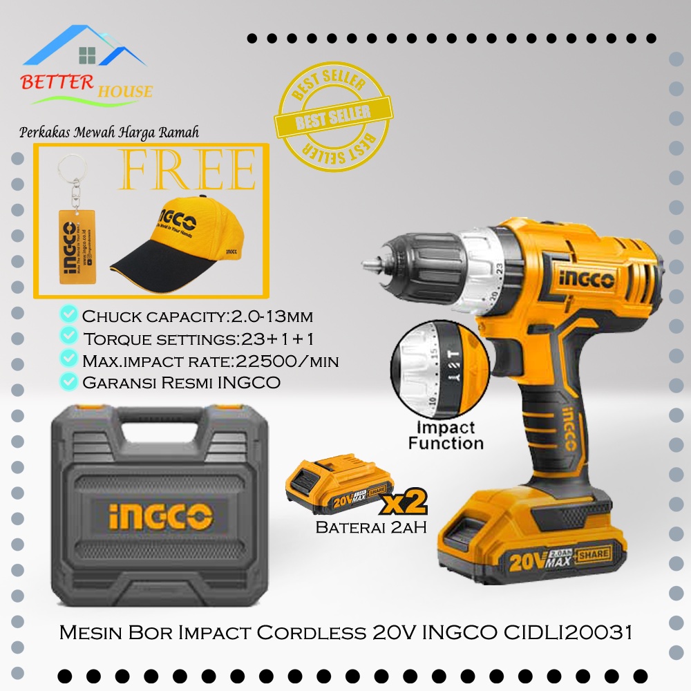 Mesin Bor Impact Dril Cordless 13mm 20Volt INGCO CIDLI20031