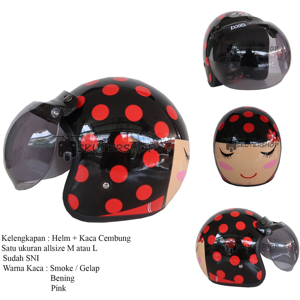 Skutershop Helm JPN Bogo Retro Klasik Motif Kimoni Hitam Glossy Dot Merah + Kaca Bogo Original