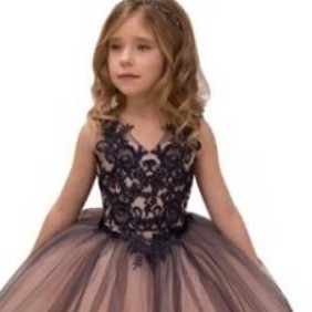 Gaun Pesta Anak  Kecil Renda Gaun Pesta Bola Bunga  pink hitam tanpa lengan