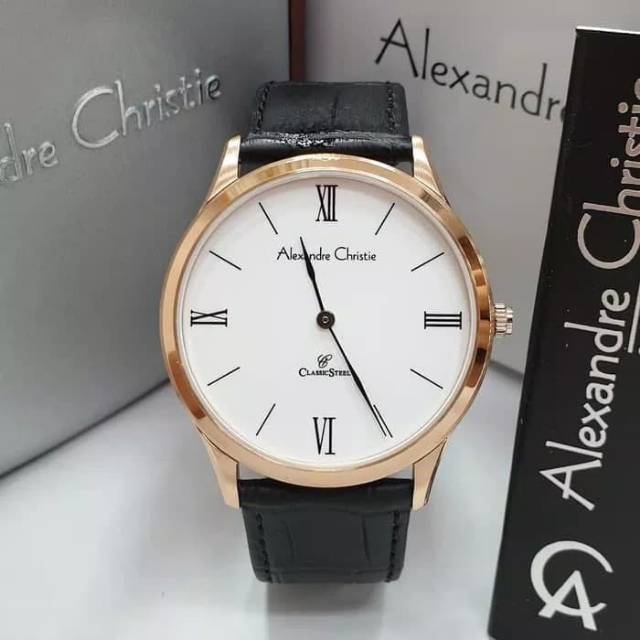 ORIGINAL JAM TANGAN PRIA ALEXANDRE CHRISTIE COWOK ROSE GOLD WHITE BLACK KULIT ALEXANDER CRISTIE 8478