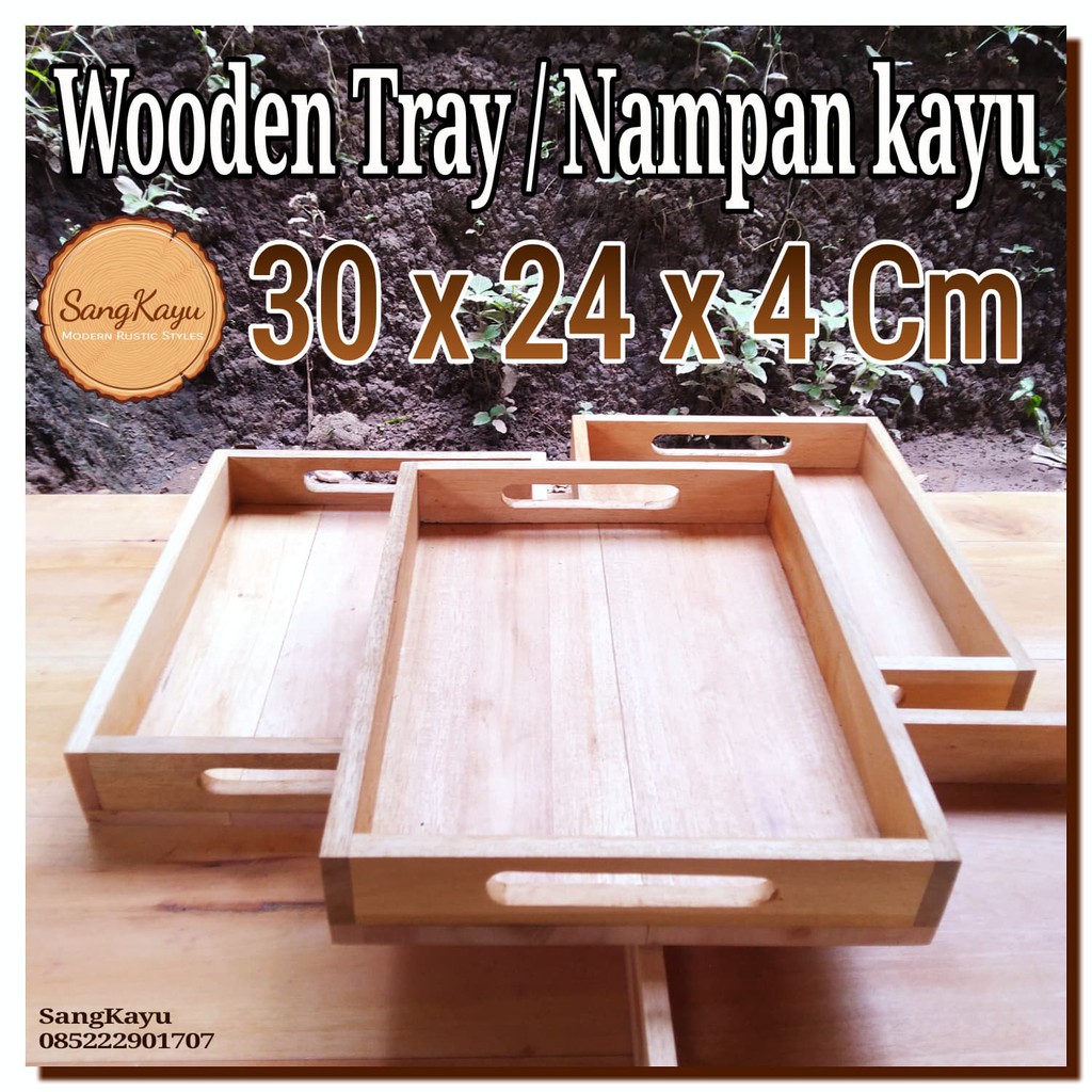 Nampan kayu +handle 30x24x4cm Wooden Tray kotak serbaguna kayu hantara