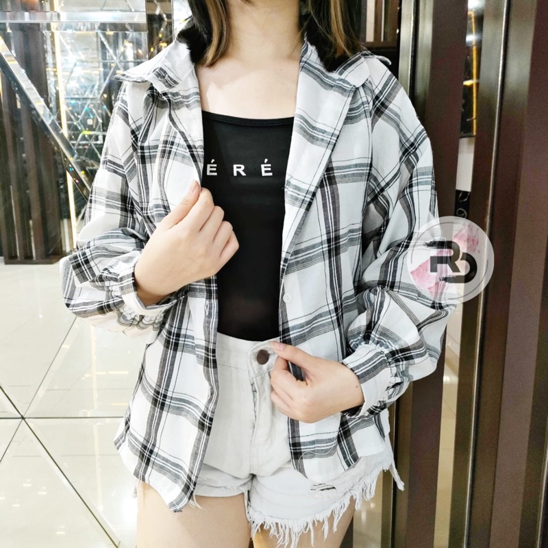 RD FASHION Kemeja Oslin Oversize | Kemeja Korea Jumbo Wanita | Bahan Creap - Fit to L-KOTAK SJ PUTIH