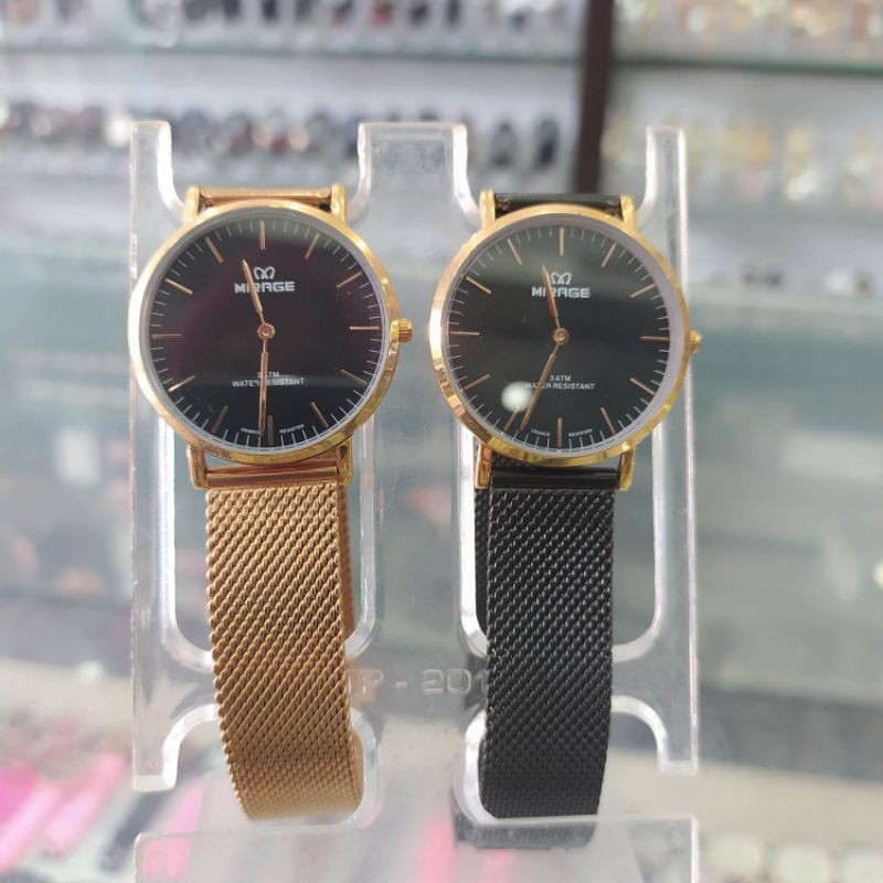 Jam tangan wanita MIRAGE tali pasir stainless steel Black & Gold (ukuran sedang)