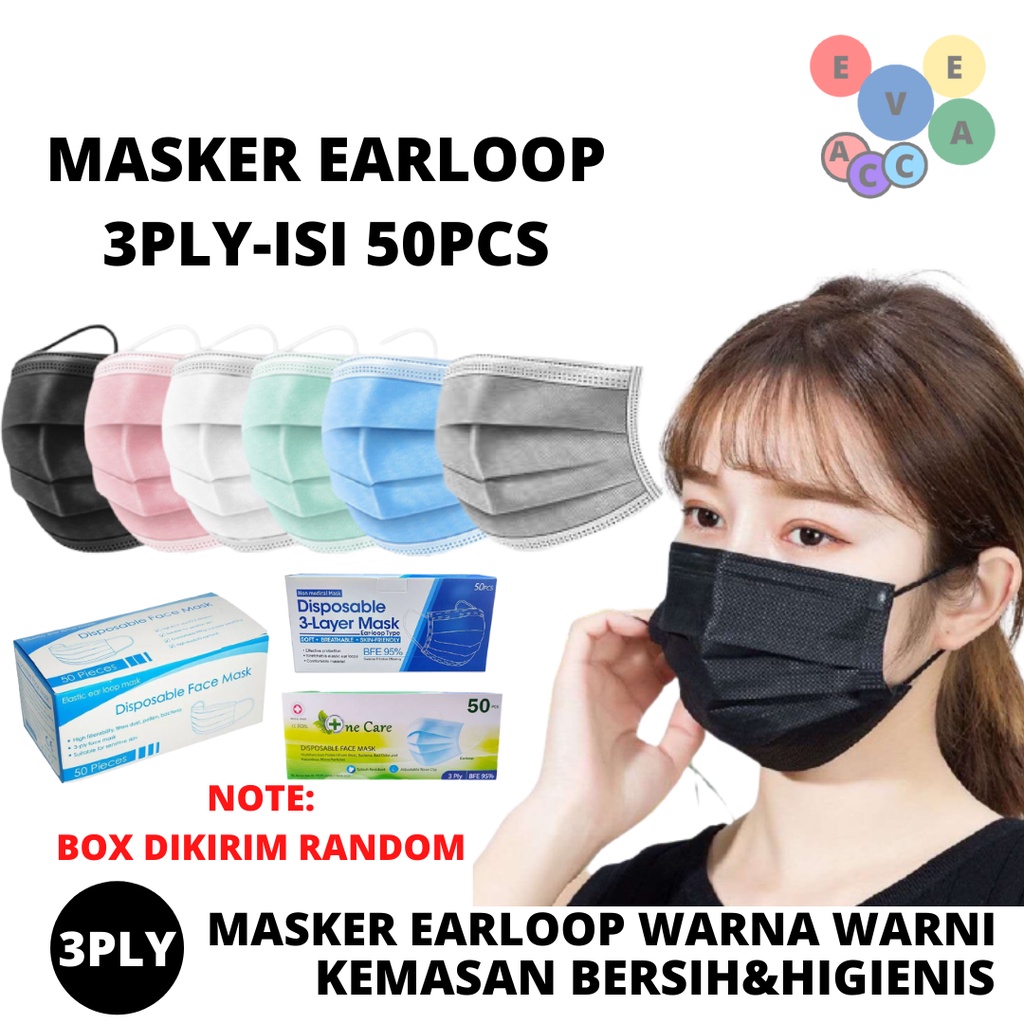 Masker 3ply isi 50pcs / Face mask / Disposable mask / Masker 3ply earloop isi 50pcs WARNA