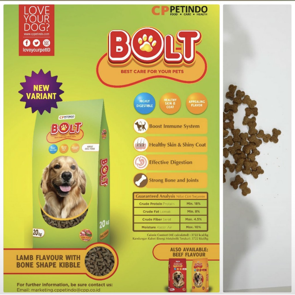 BOLT DOG FOOD Kemasan 1KG / Makanan Hewan Anjing Kering Lamb Beef