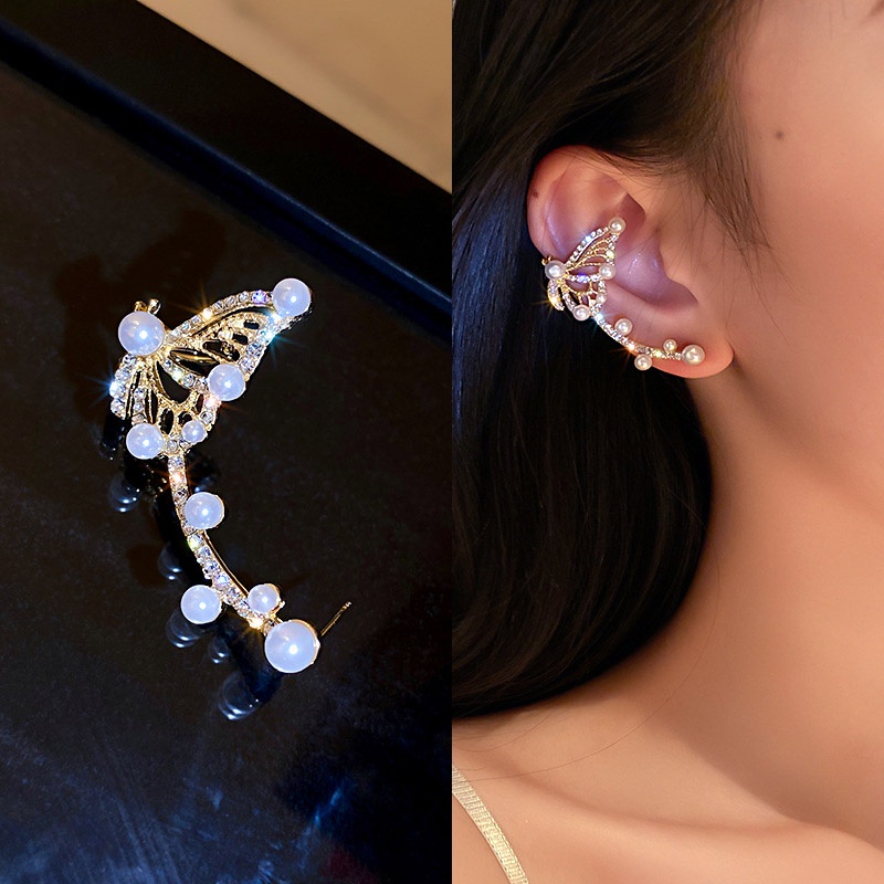 Anting Tusuk Silver 925 Desain Kupu-Kupu Hias Mutiara + Berlian Imitasi Gaya Korea Untuk Wanita