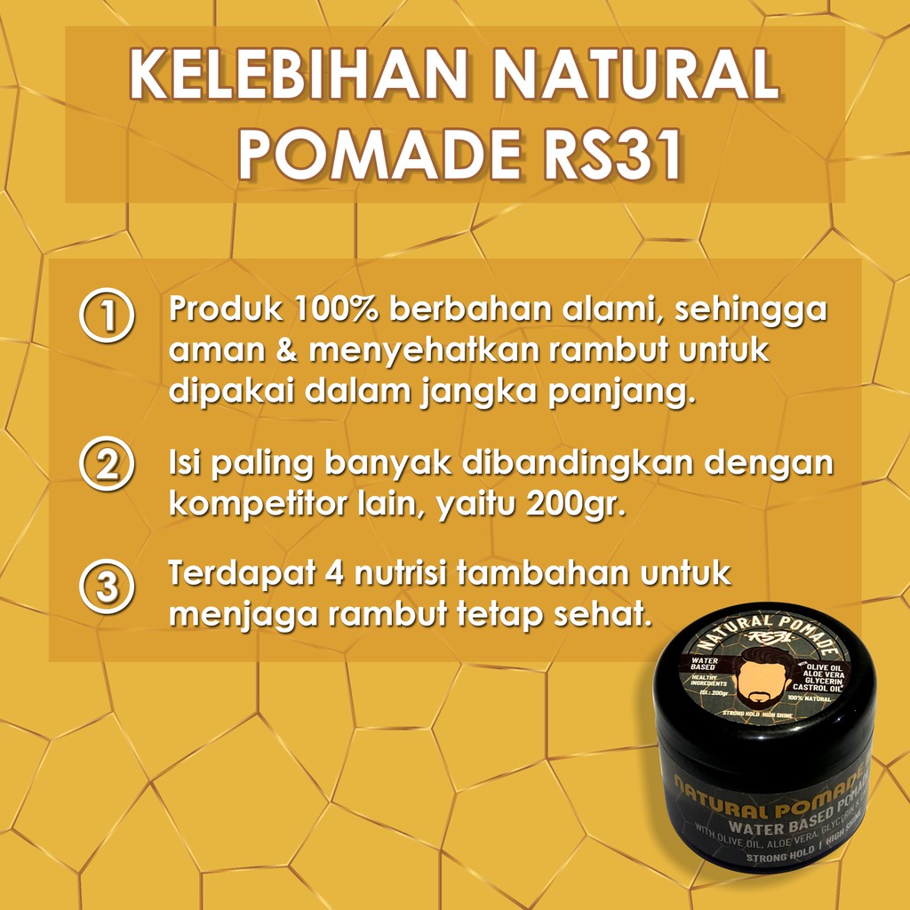 Pomade Alami dari RS31 isi 200 gr  water based pomade untuk tampilan klimis berkilau sepanjang hari.