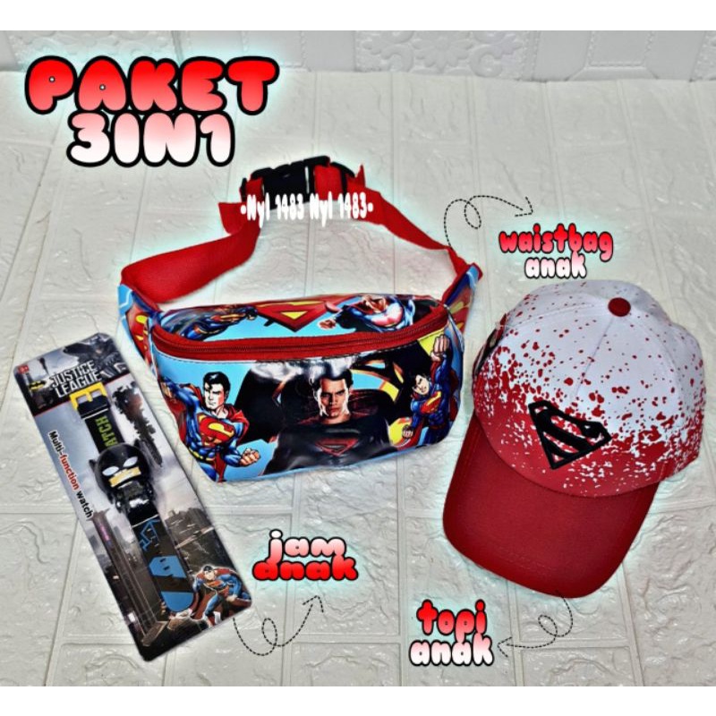 New paket murah 3in1 tas pinggang anak tas waistbag / topi anak / jam tangan anak