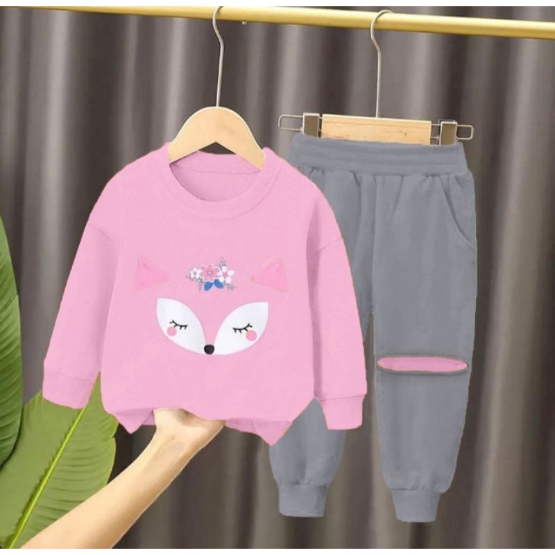 Sweater Set| Setelan Sweater Jogger Anak Perempuan 1-6 Tahun/Setelan Sweater Bebyterry Flecce Motif Rubah Anak Perempuan Terbaru