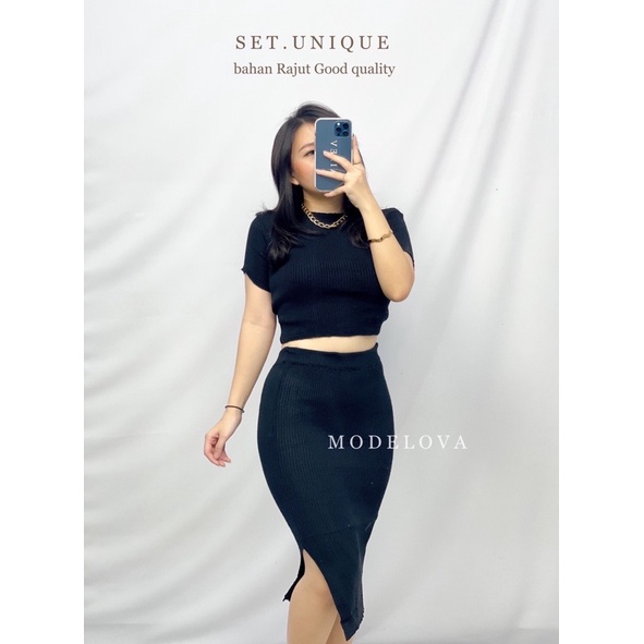 MDLV ~ Set Unique Rajut Setelan rajut Slide Samping Setelan Rajut Sexy Bodycon Fashion Wanita