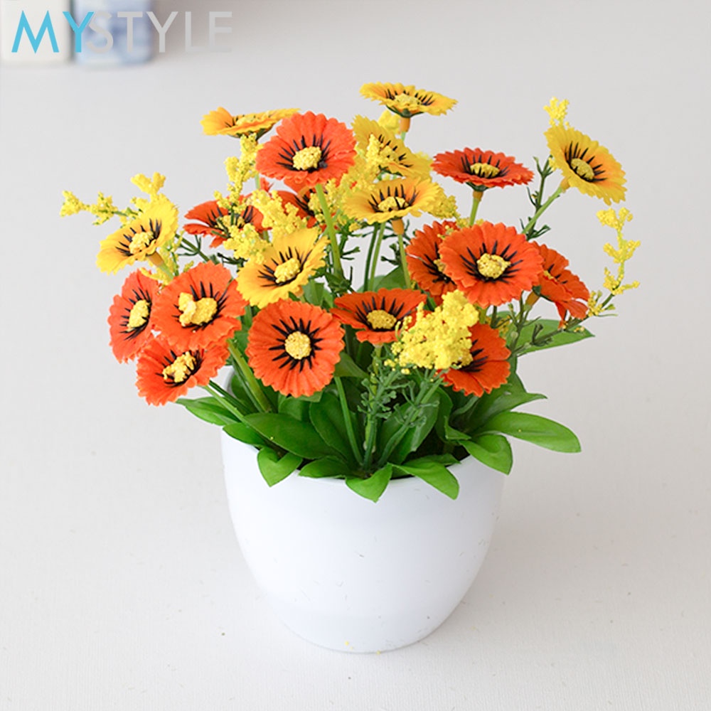 MYSTYLE VAS + BUNGA KRISAN 1 SET BUNGA HIAS MEJA POT HIASAN DEKORASI RUMAH BUNGA ARTIFICIAL-ORANGE