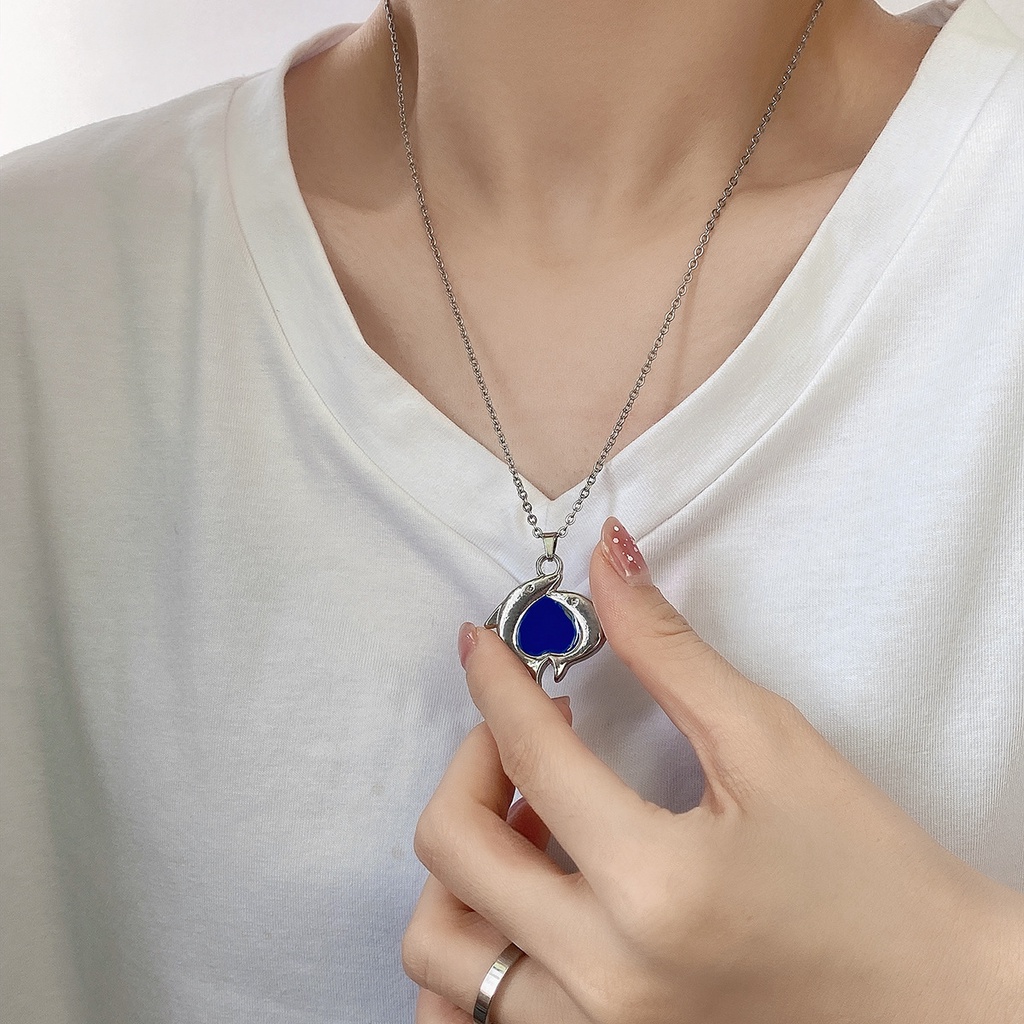 Retro sederhana titanium baja rantai elegan double Dolphin Biru mencintai jantung liontin ins gaya d