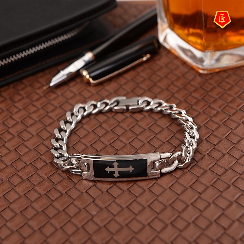 [Ready Stock]Creative Personality Black Cross Curved Brand Men's Bracelet