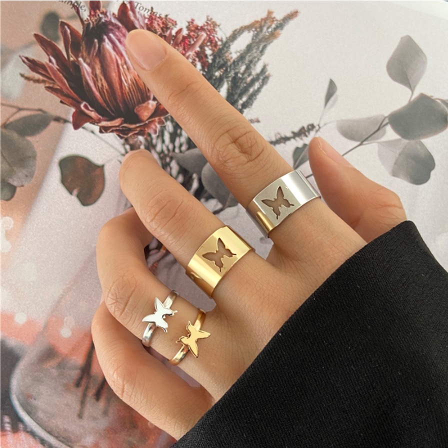 2Pcs Cincin Hip Hop Couple  R04 HOLLOW BUTTERFLY Punk Metal Ring Wanita Open Cuff Korea Fashion Style Aksesoris Couple Pasangan Pria Wanita HipHop