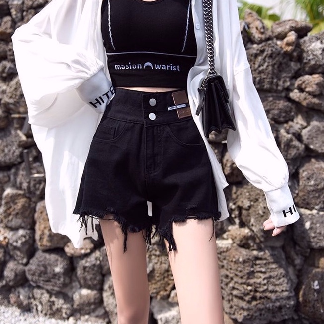 CEWEK_ID hot pants hitam Celana jeans Pendek Wanita Fashion wanita korean style sobek high waist ripped jeans denim jens sobek wanita kekinian shorts pants cewek xl XXl