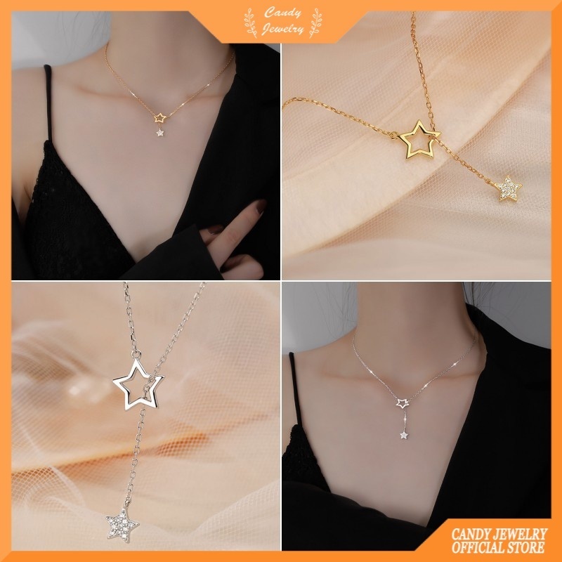 Kalung Rantai Panjang Bahan Metal Aksen Bintang Berlian Imitasi Warna Silver Gold Untuk Wanita